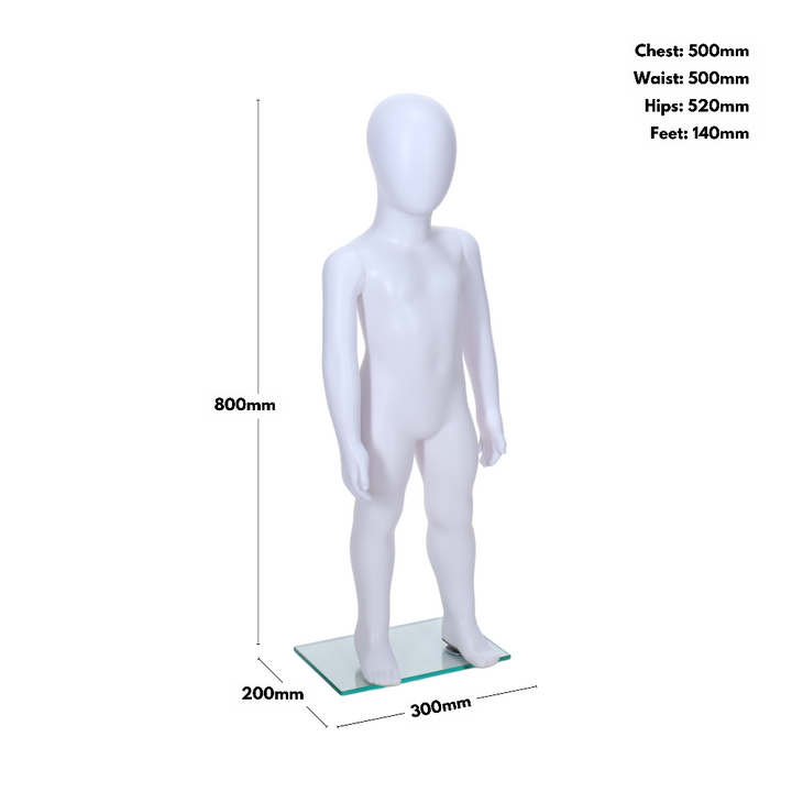 Modern matt white child mannequin with a sleek egghead design, standing pose, and unisex appeal for retail clothing displays (1-2 years).

