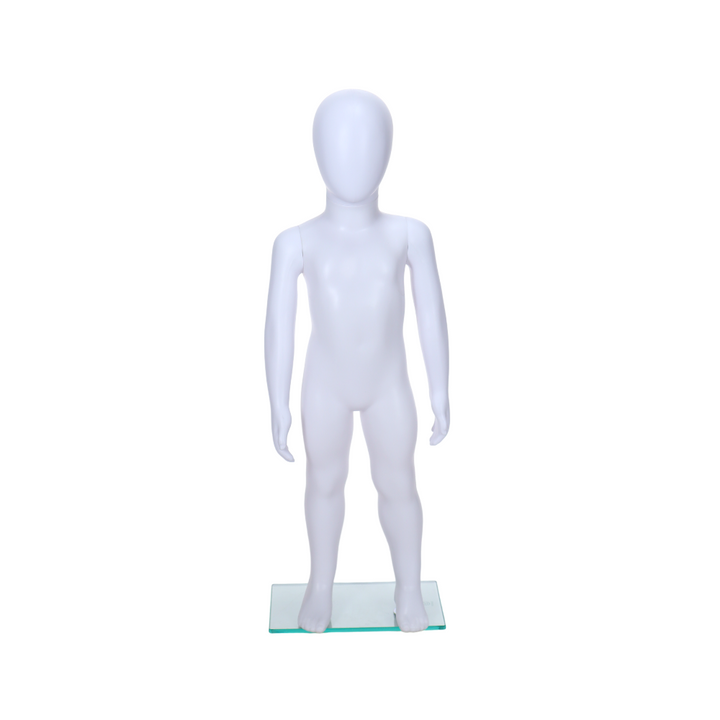 Stylish matt white child mannequin with an egghead design, standing pose, and unisex features, ideal for showcasing toddler clothing (1-2 years).
