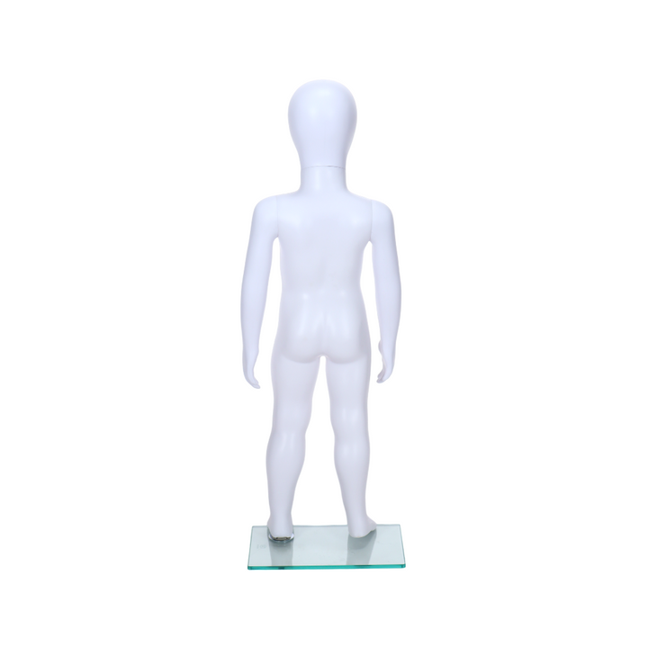Contemporary unisex toddler mannequin in matt white, featuring an egghead design and standing pose, suitable for ages 1 to 2 years.
