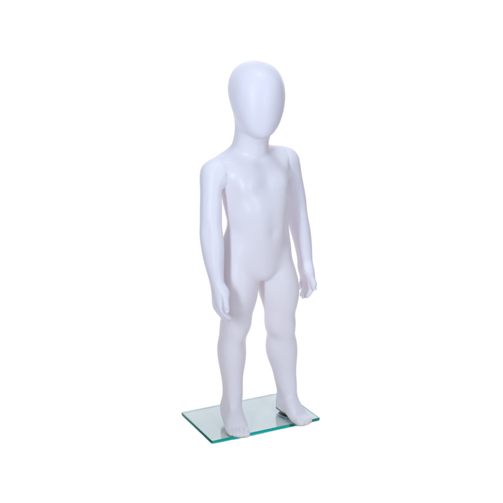 Matt white unisex child egghead mannequin in a standing pose, suitable for ages 1 to 2 years, perfect for retail displays.
