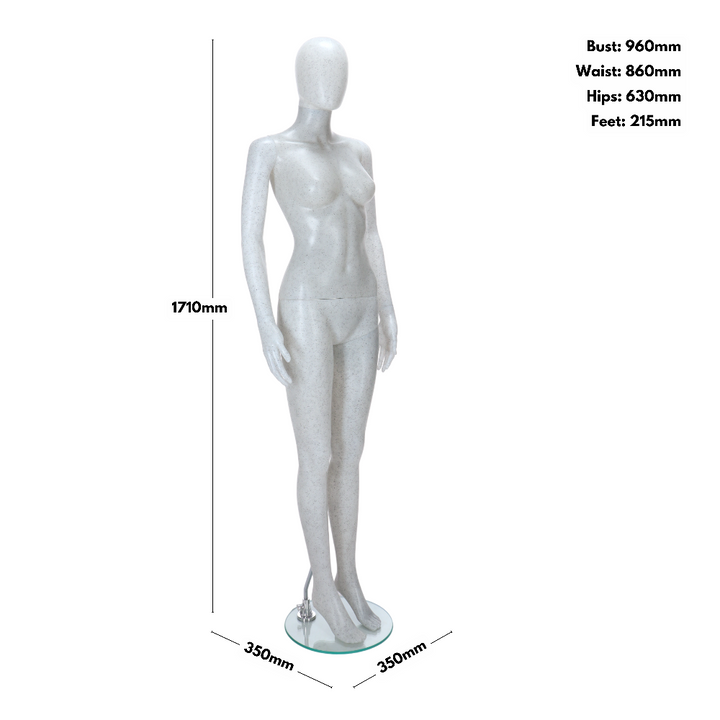 Full-body female mannequin with an egghead design, matt white finish with black flecks, standing position for retail and exhibitions.
