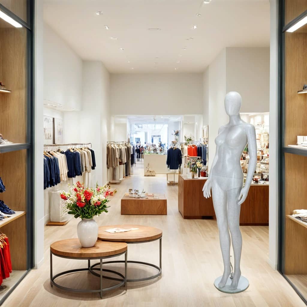 A beautifully designed fashion boutique with a spacious and elegant interior, featuring light wooden flooring, soft lighting, and neatly arranged clothing racks displaying stylish neutral and navy-toned apparel. A glossy white female mannequin stands on a round glass base near the entrance. In the foreground, a set of modern wooden and metal nesting tables holds a vase with fresh red and white flowers.