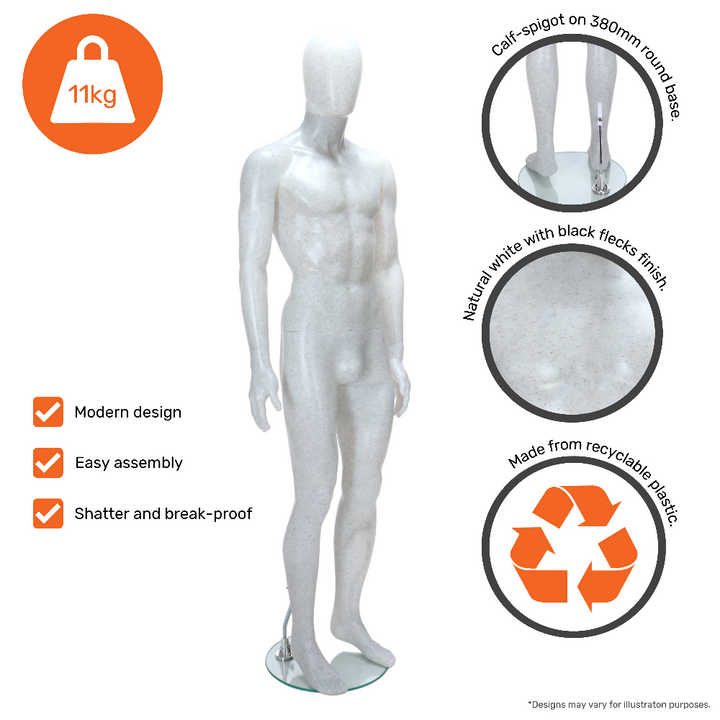 A high-quality matt white male mannequin with black flecks, designed in an egghead style with a standing posture, offering a unique and professional display solution.
