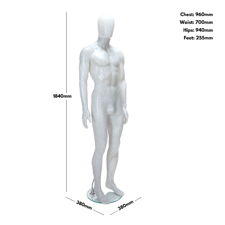 This standing male mannequin features a sophisticated matt white finish with black flecks and an egghead design, perfect for modern visual merchandising.

