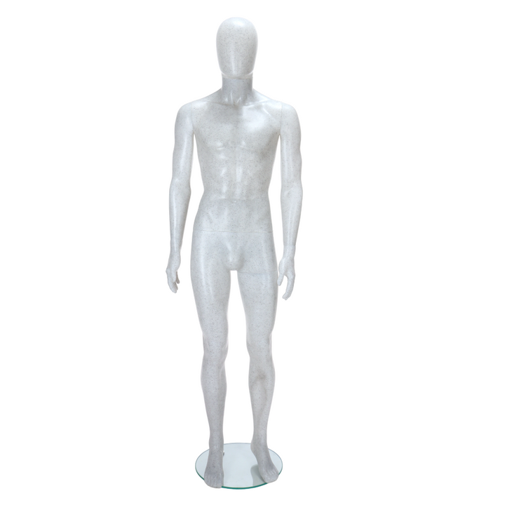 This sleek egghead male mannequin, finished in matt white with black flecks, stands in a poised position, making it perfect for showcasing fashion collections.
