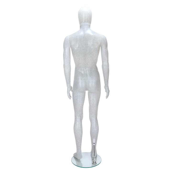 A durable and stylish male mannequin in matt white with black flecks, featuring an egghead-style head and a natural standing pose for retail and exhibition displays.
