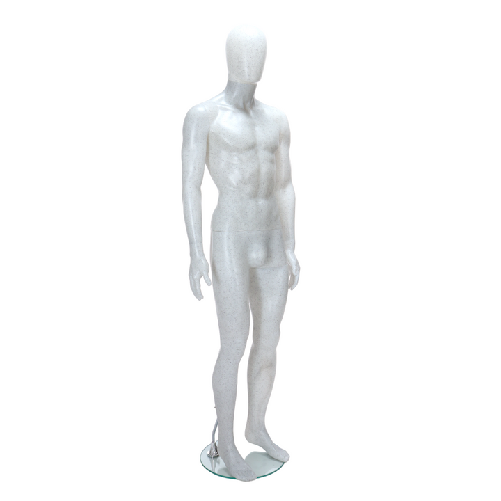 A modern matt white male mannequin with black flecks, featuring an egghead design in a standing pose, ideal for stylish and contemporary retail displays.
