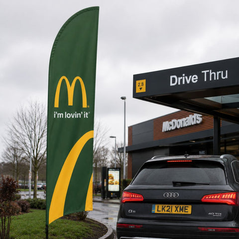 Double-Sided Glass Fibre Feather Flag with Drive-On Car Base inc. Graphic Printing - 3.2m