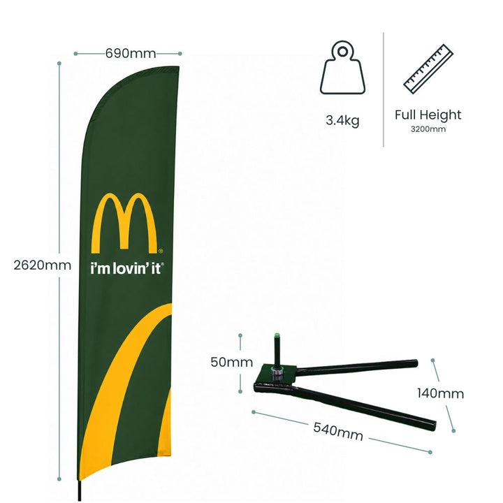 McDonald’s branded feather flag banner with product dimensions, support base measurements and lightweight outdoor display design.