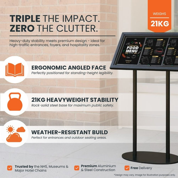 Feature panel for the 3 x A4 menu board: ergonomic angled face, 21kg heavyweight steel base for stability and weather-resistant build for entrances and outdoor seating.
