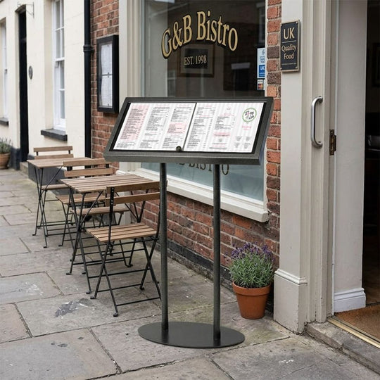 Black Hammered 3 x A4 Floor Standing Menu Board - Weather Resistant, Magnetic Anti-Glare Sleeves, 780 x 1120mm.