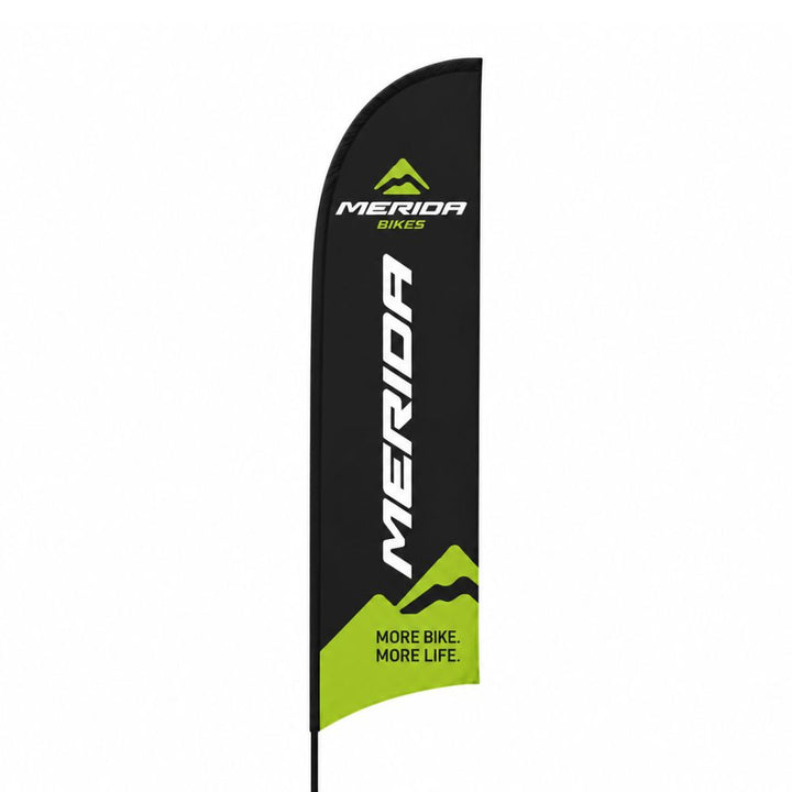 Black and green Merida Bikes promotional feather flag with curved top design for cycling retailers bike shops and exhibition displays.