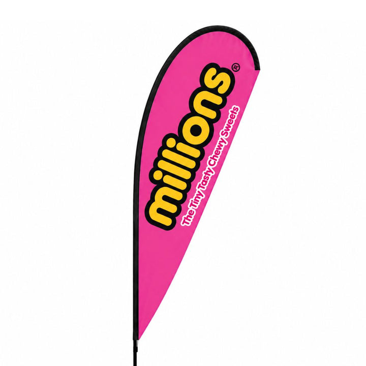 Bright pink Millions promotional teardrop banner featuring chewy sweets branding for indoor retail marketing, events and point-of-sale displays.