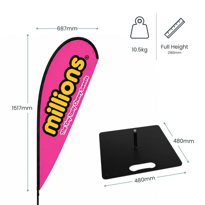 Specification image of Millions branded teardrop flag showing display dimensions, weighted base and full 2180mm height for indoor promotional signage.