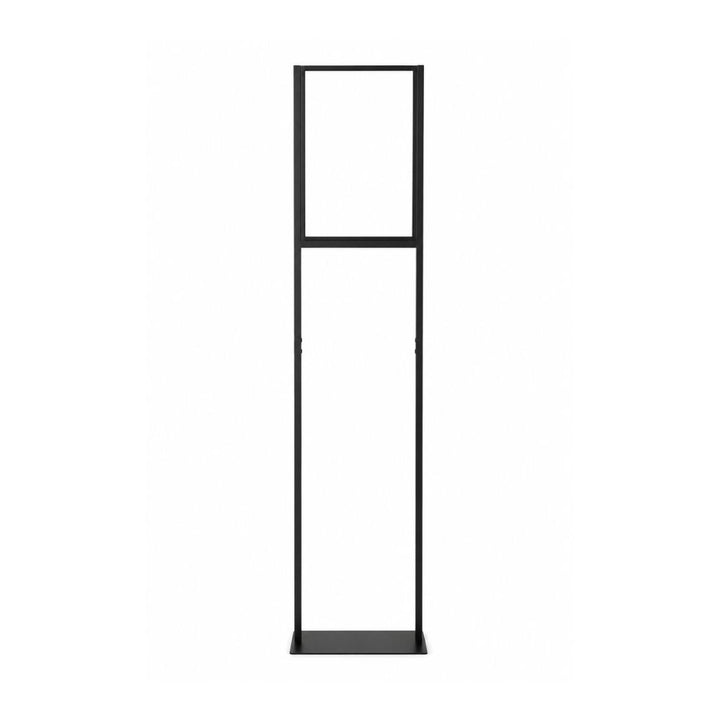 Slim black metal A3 sign holder stand with freestanding base and modern minimalist frame on a white background.