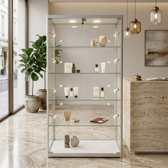 Lockable Silver Aluminium & Glass Display Cabinet: 1800mm High x 1000mm Wide with 4 Adjustable Shelves and 10 LED Lights I