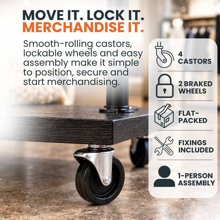 Detailed view of a castor beneath the black wood-effect shelf, alongside specifications for four castors, two braked wheels, flat-packed construction and included fixings.