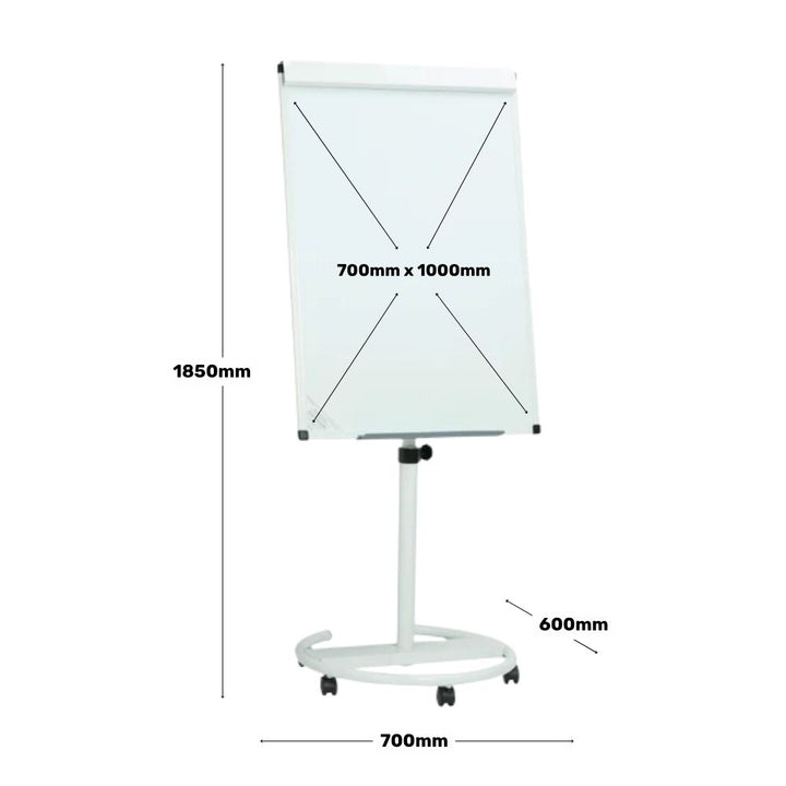 Dimensions of mobile flip chart easel showing 1850mm height and 700mm width with circular base