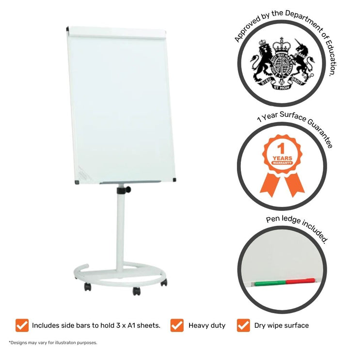 Mobile flip chart easel with icons showing features like heavy-duty build, dry wipe surface, and side arms for A1 sheets