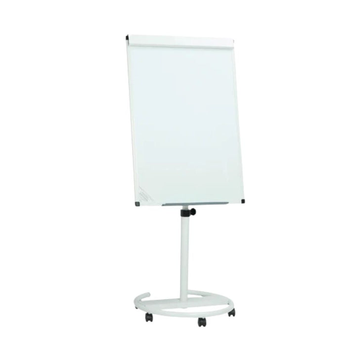 Front view of mobile flip chart easel with circular base and dry wipe whiteboard