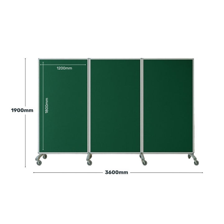 Three-panel mobile room divider with green felt surfaces and silver frame, featuring locking castors and gear hinges for stability and easy movement. Shown with dimensions 1900mm high and 3600mm wide, suitable for offices, schools, or shared spaces.