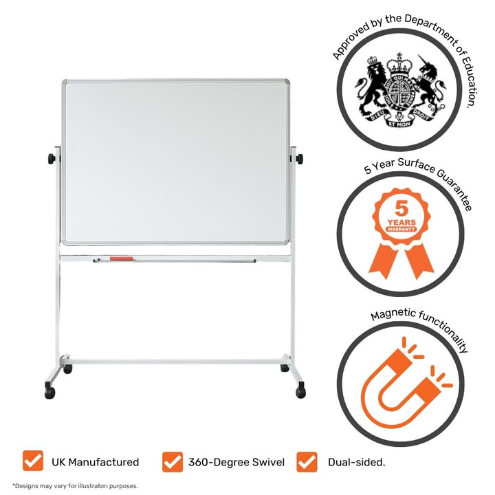Mobile magnetic whiteboard with 360-degree swivel, dual-sided surface and UK manufacturing credentials, shown with 1200mm x 900mm dimensions and feature badges