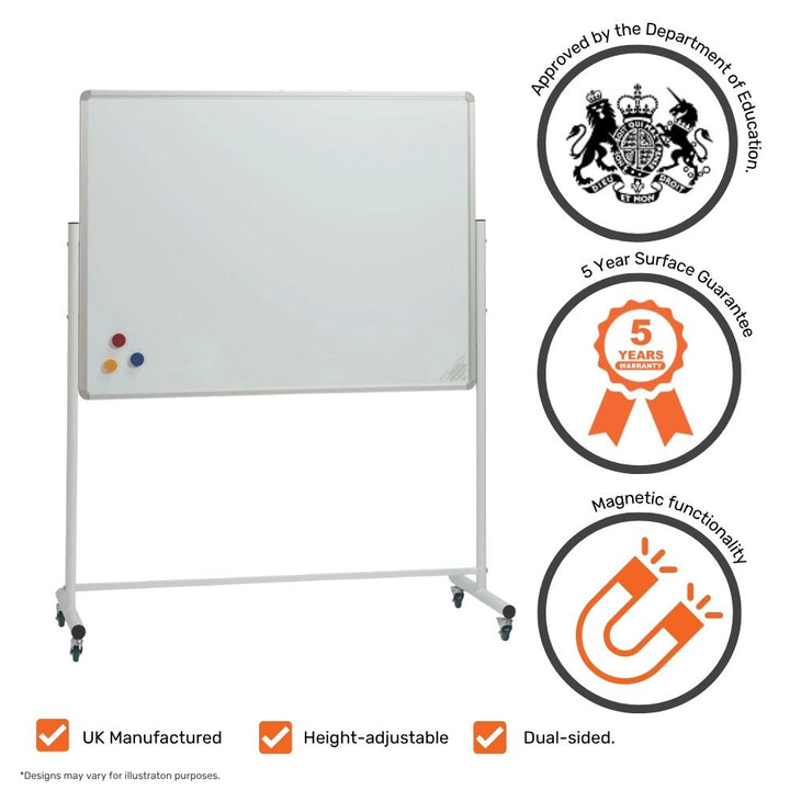 Magnetic mobile whiteboard with wheels featuring Department of Education approval, 5-year surface guarantee, and icons for UK manufacturing, dual-sided use, and height adjustability