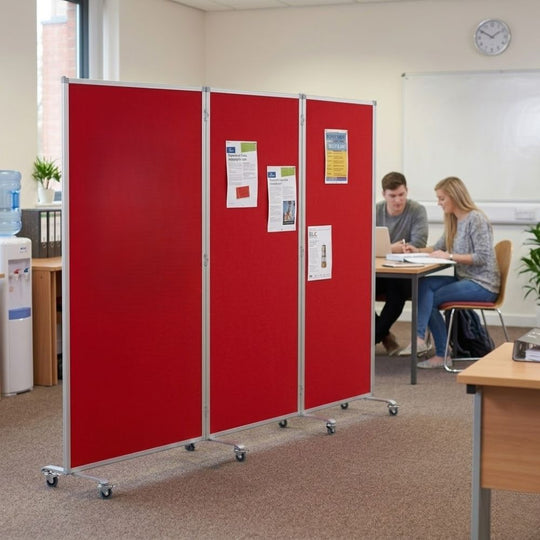 Double-Sided Mobile Triple Panel Aluminium Frame Red Felt Partitioning Noticeboard with Locking Castors - 3600 x 1900mm
