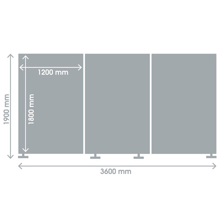 Dimension diagram of a triple panel mobile partition screen spanning 3600mm wide and 1900mm high, with individual panels of 1200mm by 1800mm.
