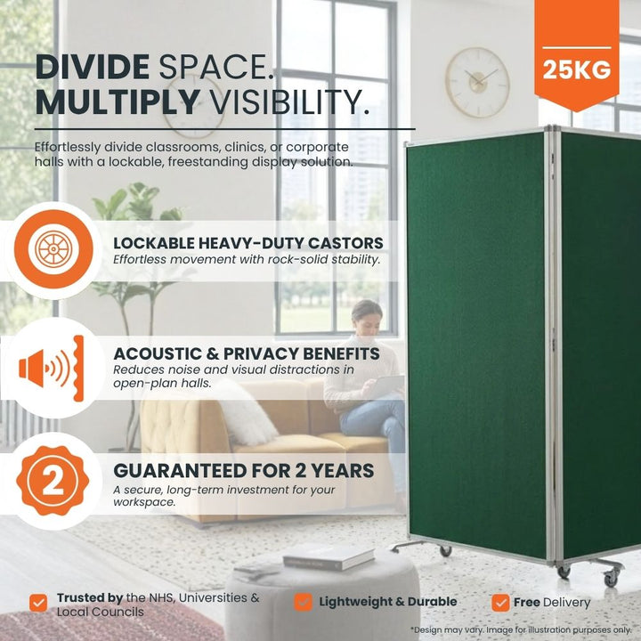 Green felt mobile partition screen on lockable castors dividing an open-plan space, with three pinnable panels for classrooms, clinics and offices.