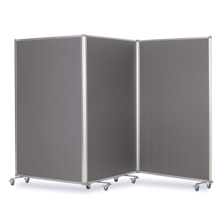 Grey felt mobile partition screen with three hinged panels angled in a zigzag on castors, standing freely without fixings for double-sided display.