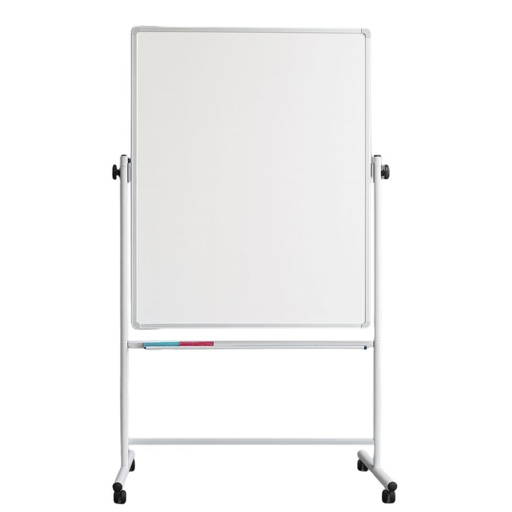 Front view of a freestanding portrait swivel whiteboard on lockable castors with a stability bar, for schools, colleges and office planning rooms.
