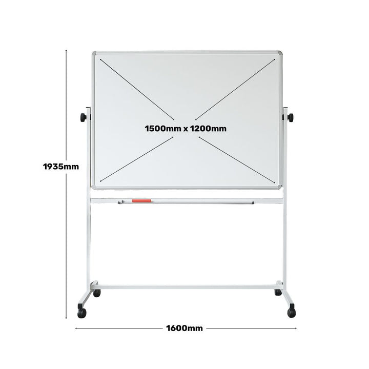 Dimension diagram of a 1500 x 1200mm mobile rotating whiteboard highlighting board and frame measurements.