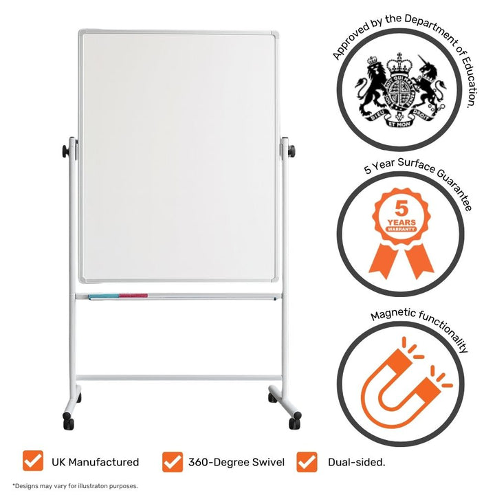 Dual-sided mobile magnetic whiteboard with 360-degree swivel, UK manufactured and approved by the Department of Education