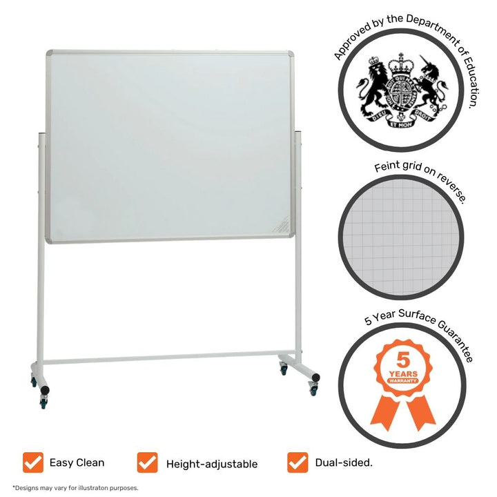 Height-adjustable double-sided mobile whiteboard with faint grid reverse, 5-year surface guarantee, and Department of Education approval.


