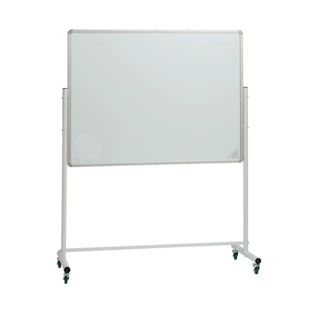 Freestanding double-sided mobile whiteboard on wheels with aluminium frame and white writing surface.


