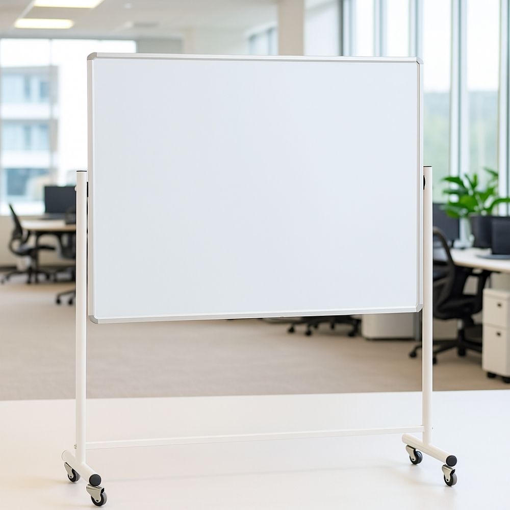 Mobile whiteboard on wheels placed in a modern office environment with desks and large windows in the background


