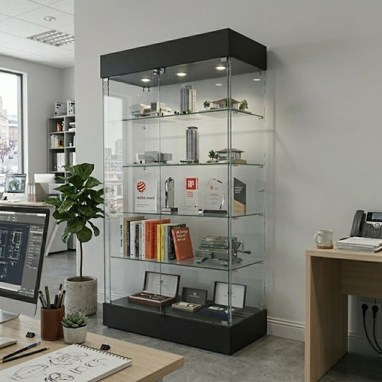 Double Door Lockable Black Wooden Frameless Glass Display Cabinet - 1000mm