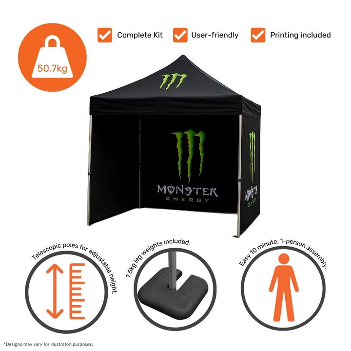 Printed pop-up gazebo 3m – commercial event tent with 3 side walls and concrete leg weights for stability and branding  