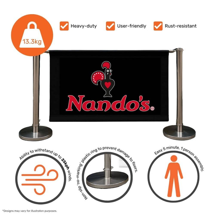 Nando’s café barrier with 13.3kg weighted base, wind resistance up to 25kph, rust-resistant chrome posts, and non-marking base ring—quick to assemble and built for high footfall zones.

