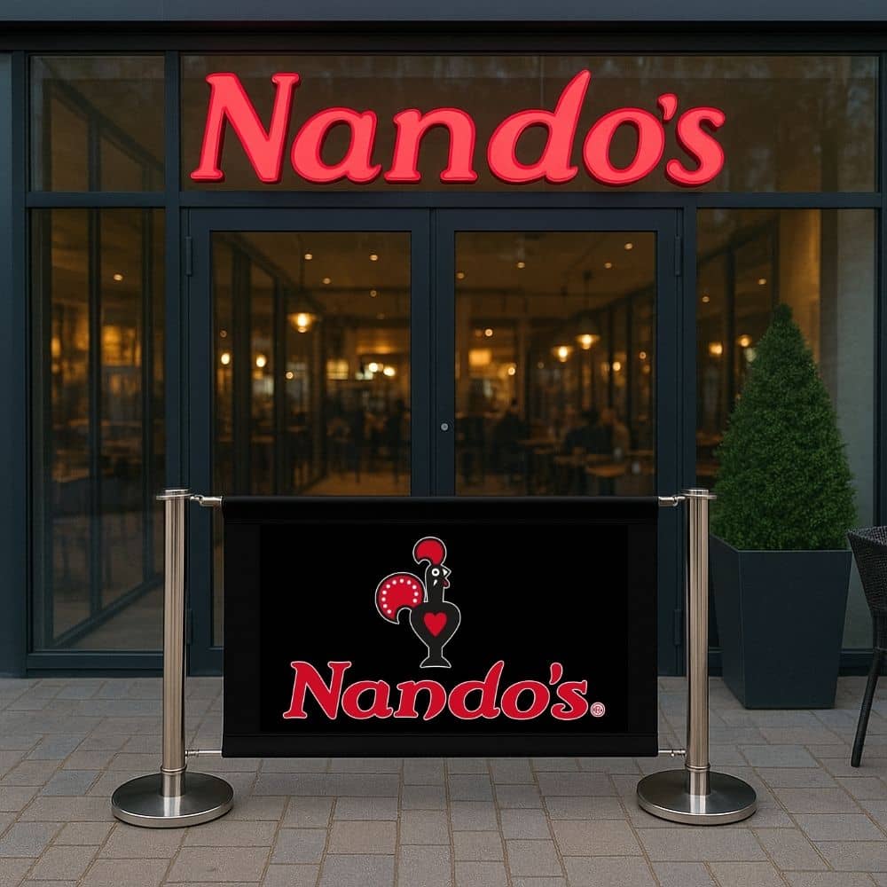 Nando’s outdoor café barrier in front of restaurant entrance—used to define seating area or queue space with professional branded presence.

