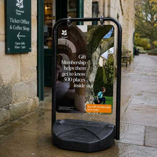 Black Swing Pavement Sign with Double-Sided Vinyl Printing - 750 x 400mm Graphic