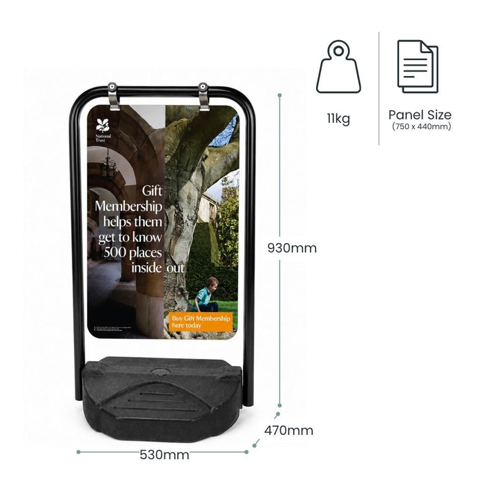 National Trust pavement swing sign with annotated dimensions, 11kg weight and panel size specifications for outdoor advertising displays.