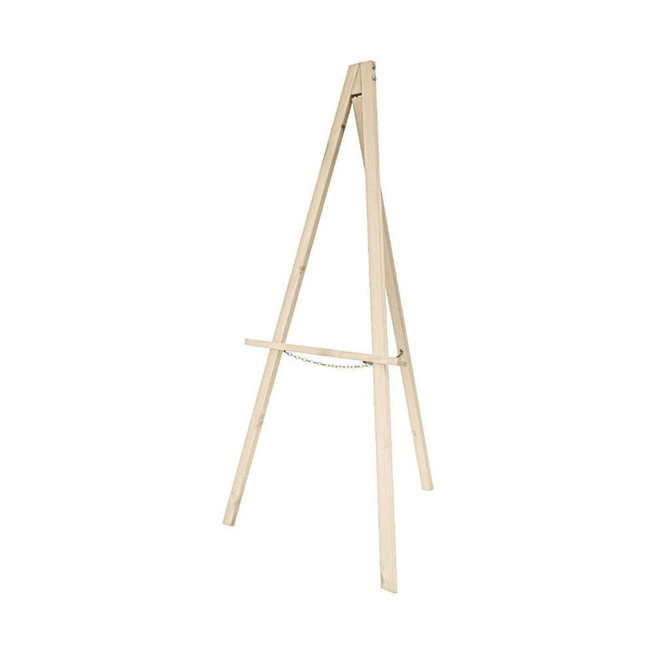 Front view of a natural-finish wooden tripod easel with a central shelf and chain, isolated on a plain white background.

