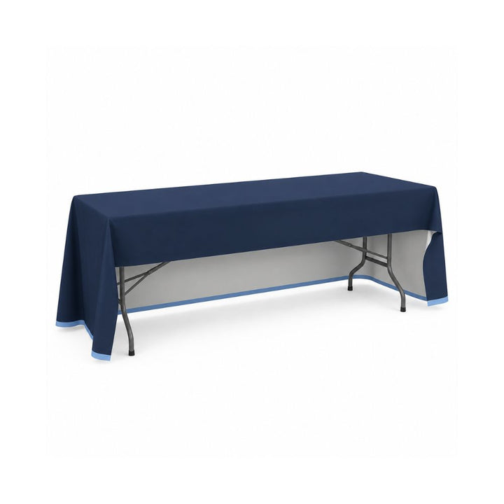 Navy custom printed table cover fitted over a folding trestle table with light blue trim on a white background.