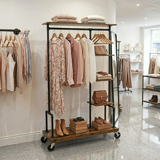 Industrial Style Clothes Rack with 5 Tiers with Lockable Castor Wheels Brown and Black Finish