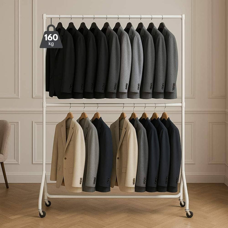White two-tier clothes rail – 6ft wide x 7ft tall heavy-duty steel rack with 160kg capacity for retail or backroom use