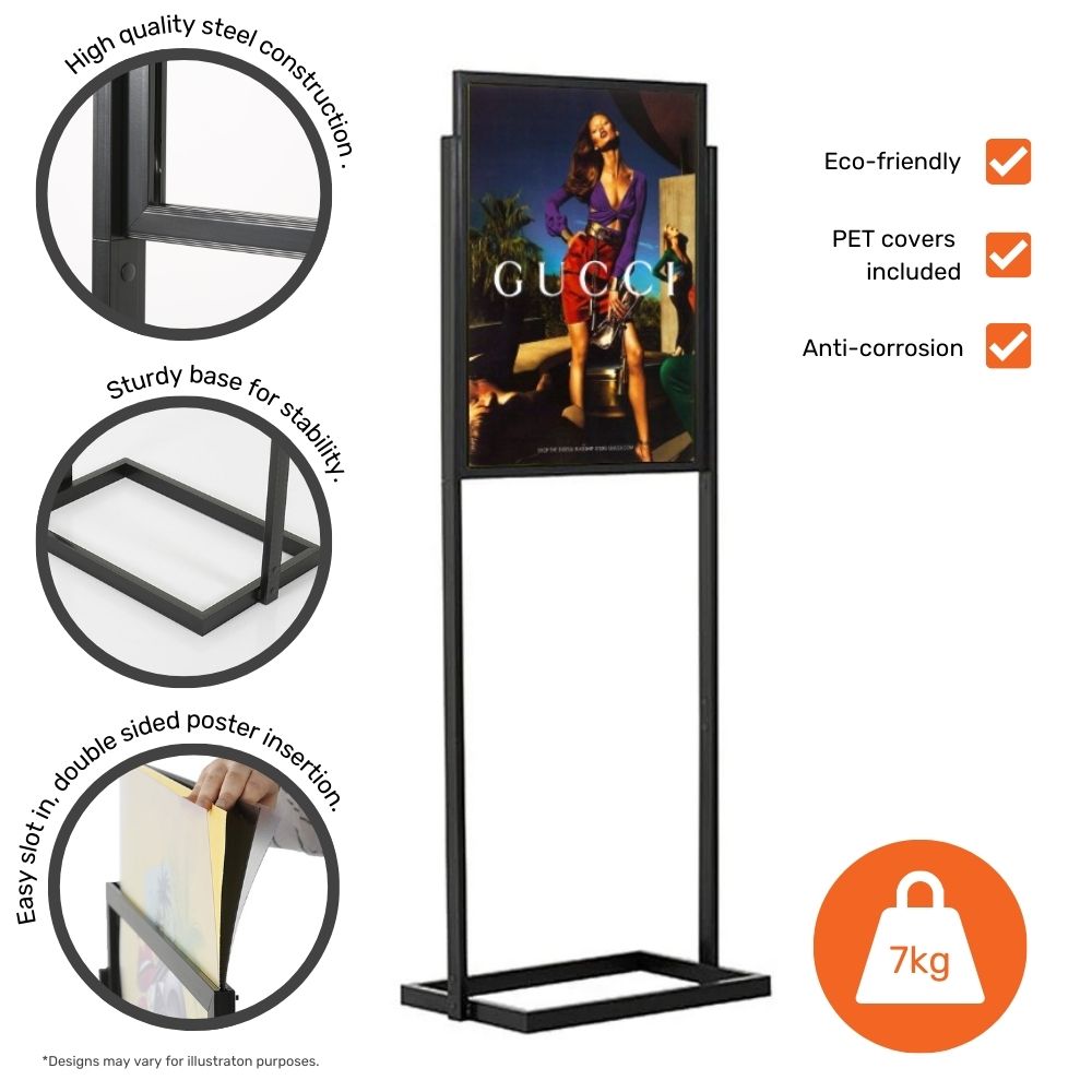 Sturdy A1 black steel floor-standing info-board with a single-tier double-sided design, perfect for poster displays.
