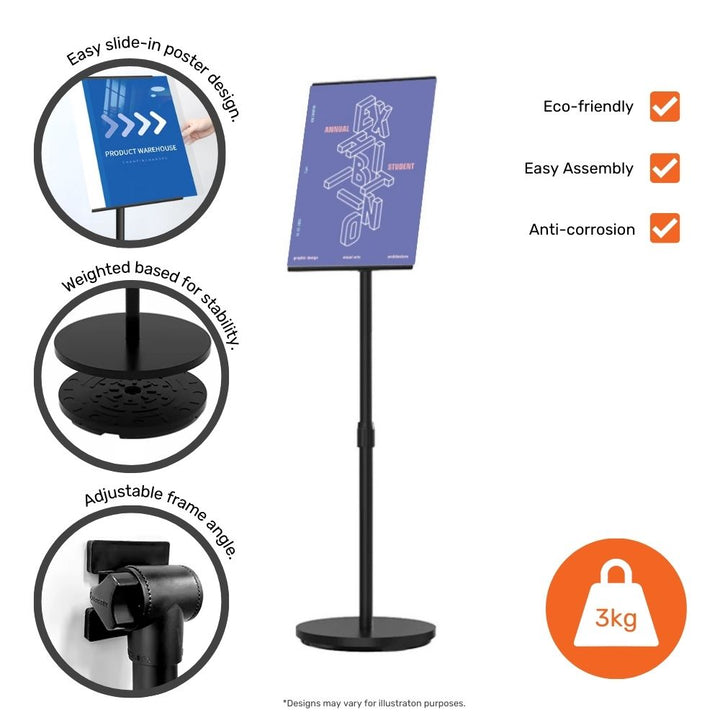 Adjustable black A3 sign holder – telescopic display stand ideal for lobbies, events or wayfinding