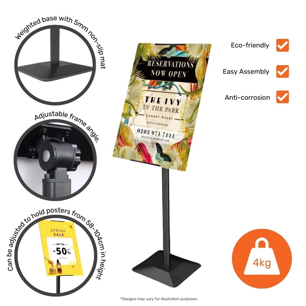 A professional black heavy-duty sign holder with an adjustable stand and 360-degree rotating poster frame, ideal for displaying menus, notices, or promotional materials in any environment.